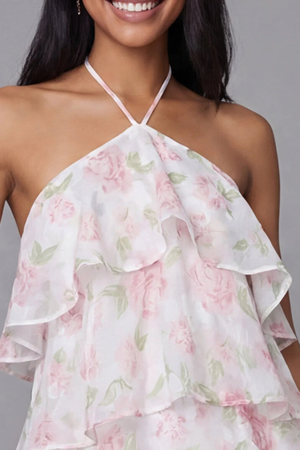 Floral Pink Halter Tiered Mini Dress