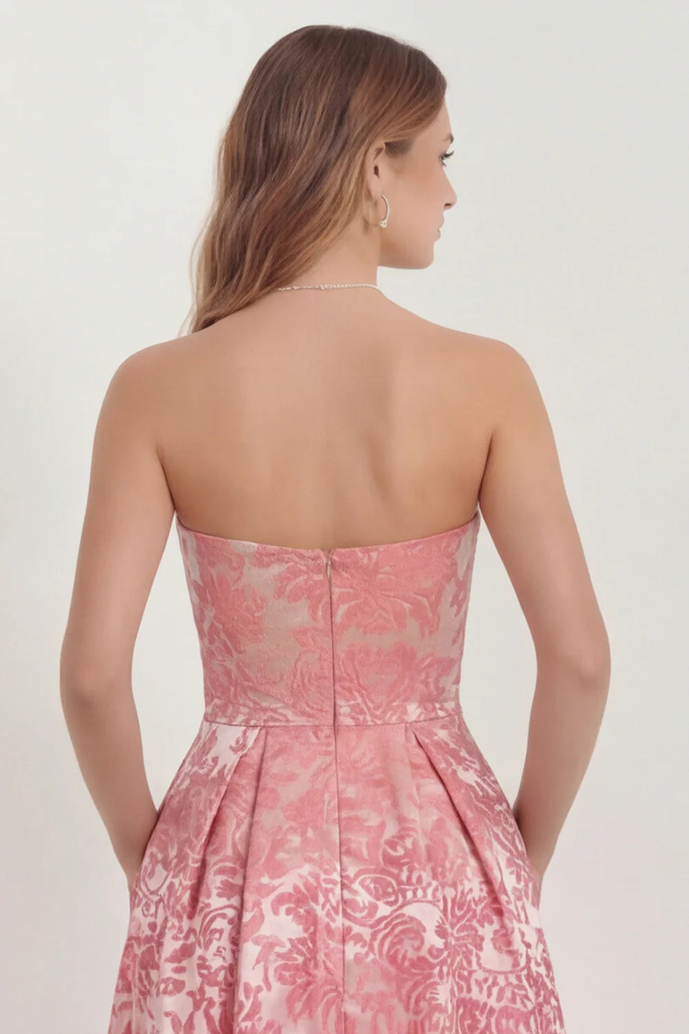Strapless A Line Hot Pink Jacquard Midi Wedding Guest Dress with Pockets