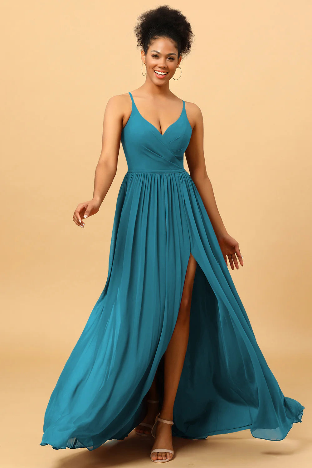A Line Spaghetti Straps Ruched Long Chiffon Bridesmaid Dress with Slit