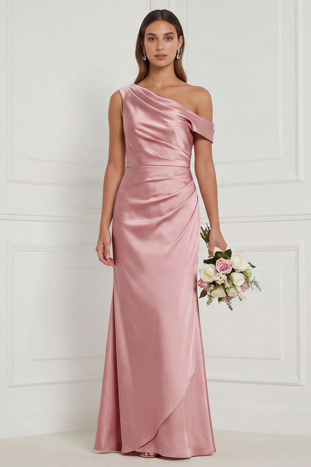 Burnt Orange Asymmetrical Neck Mermaid Ruched Satin Bridesmaid Dress