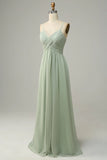 Dusty Sage A Line Spaghetti Straps Chiffon Bridesmaid Dress with Sleeveless