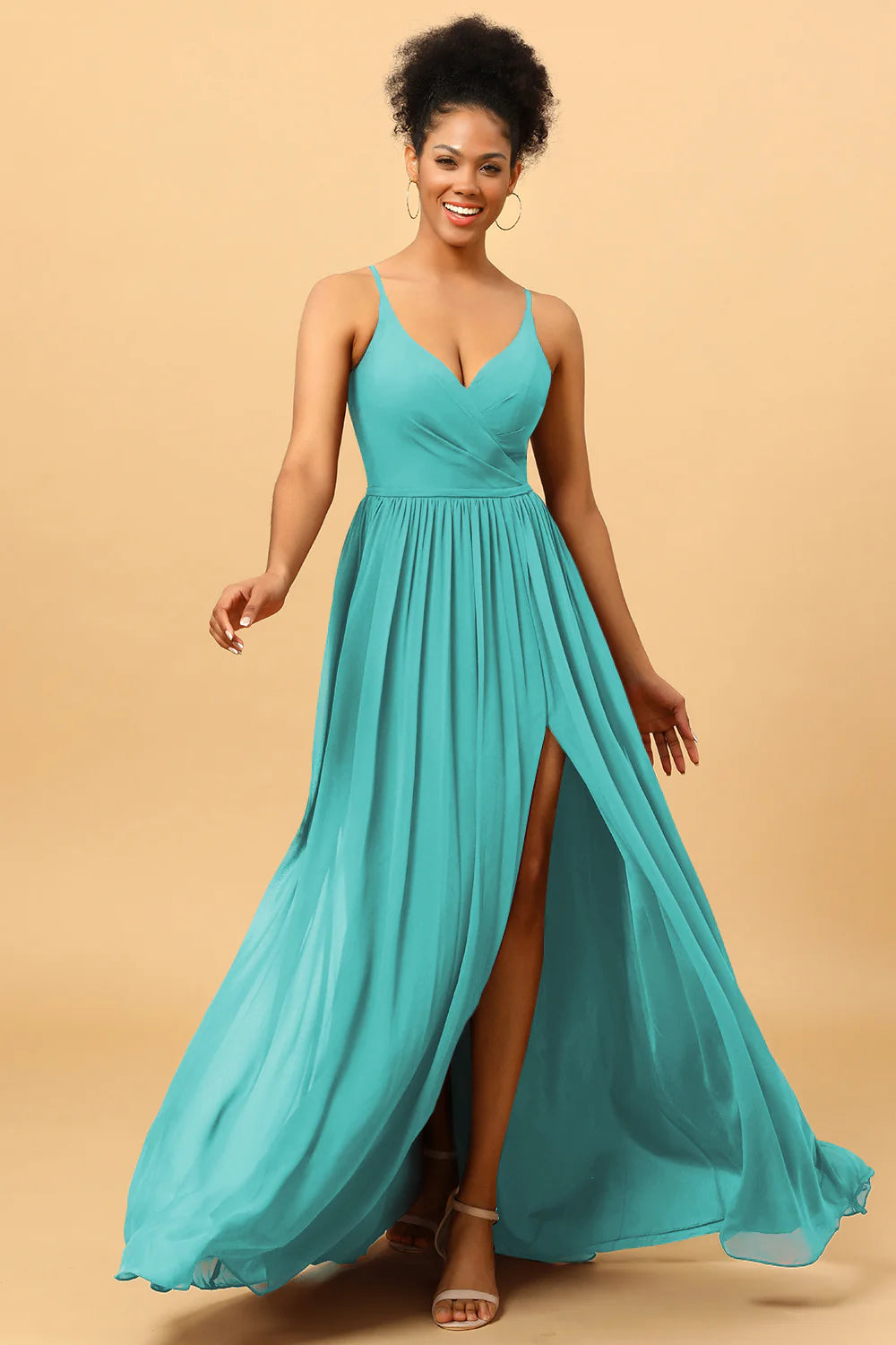 A Line Spaghetti Straps Ruched Long Chiffon Bridesmaid Dress with Slit