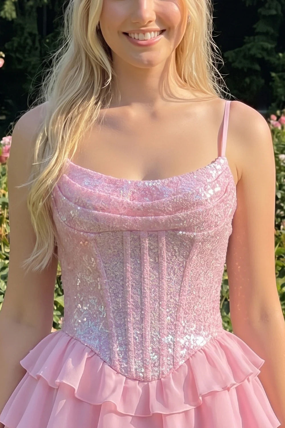 Champagne A Line Sequin Tiered Ruffle Short Homecoming Dress