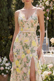 Champagne Spaghetti Straps Floral Wedding Guest Dress with Belt