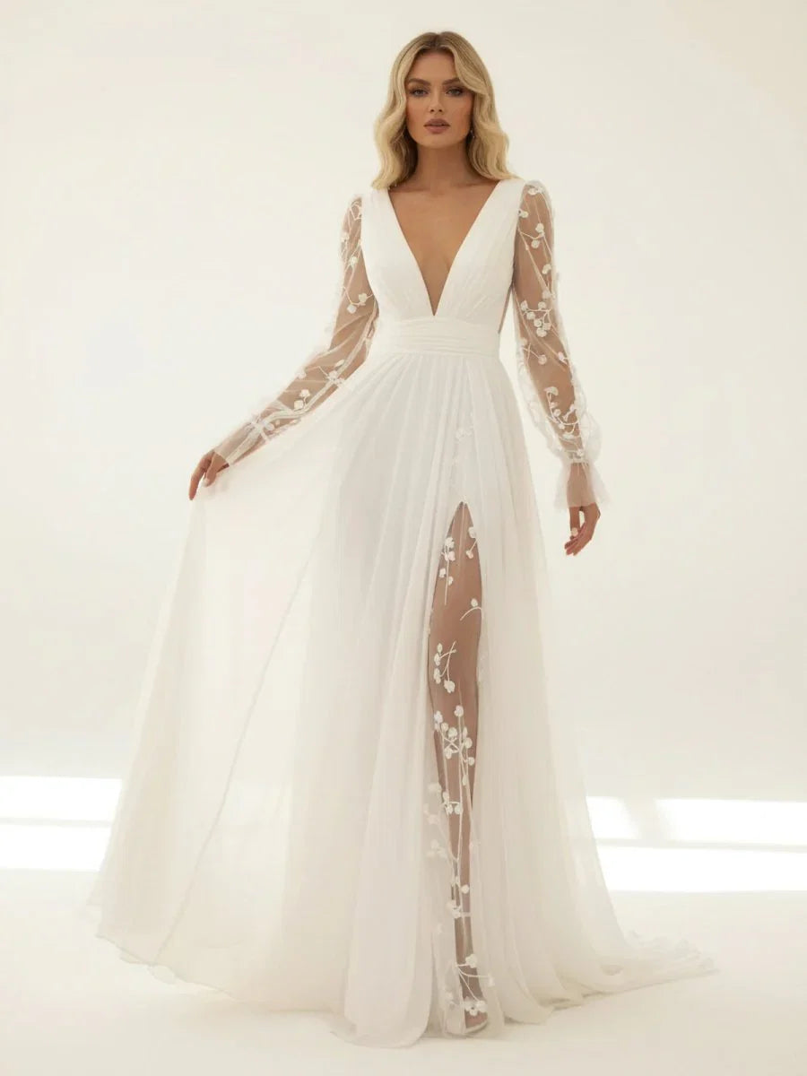 Long Sleeve Boho Flowy Wedding Dress Lace A Line V Neck Beach Gown with Split Front and Sweep Train