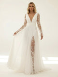 Long Sleeve Boho Flowy Wedding Dress Lace A Line V Neck Beach Gown with Split Front and Sweep Train