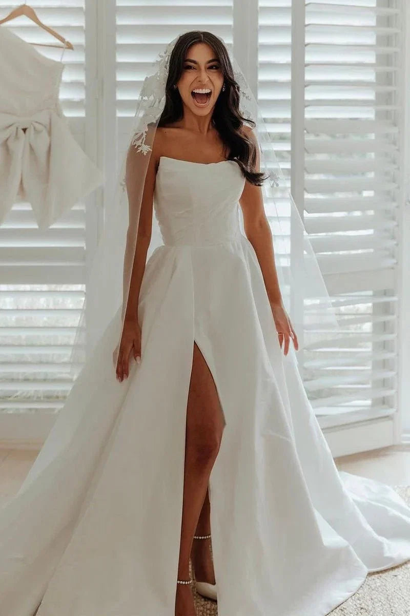 A Line White Satin Strapless Wedding Dresses with Slit