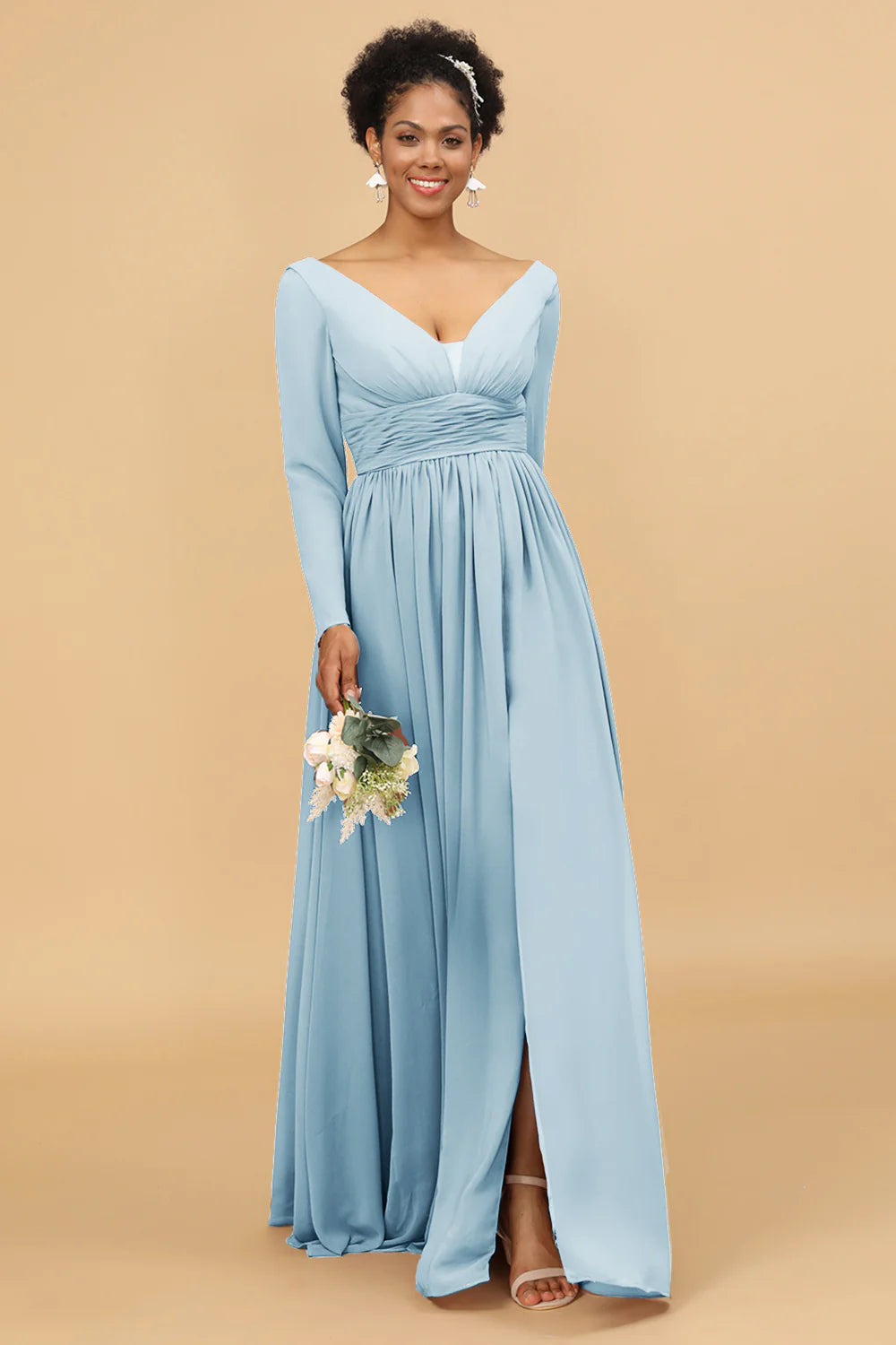A Line V Neck Long Sleeves Chiffon Bridesmaid Dress with Slit