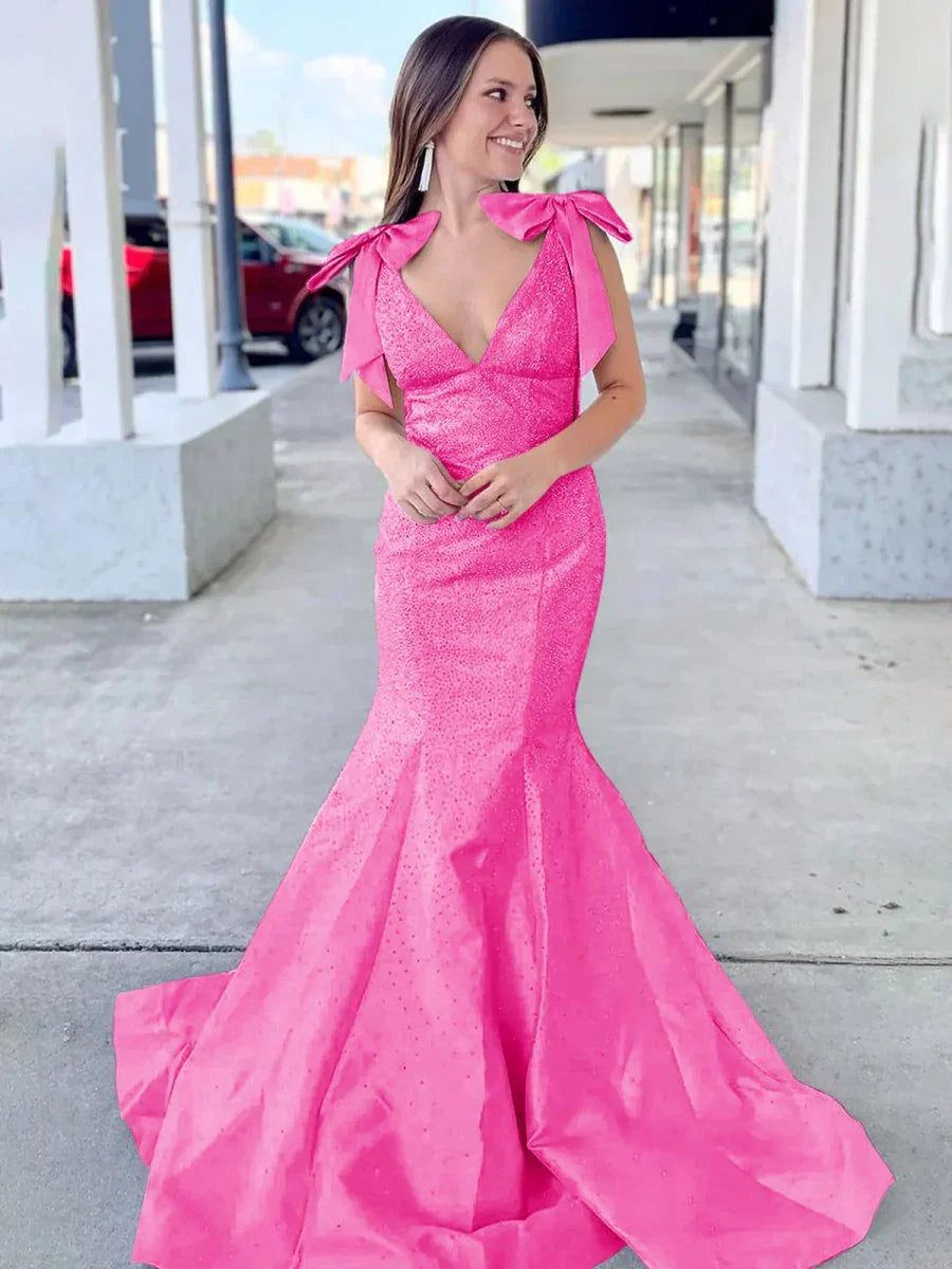 Sky Blue V Neck Mermaid Satin Long Prom Dress With Bow