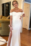 White Off the Shoulder Long Bridesmaid Dress with Slit