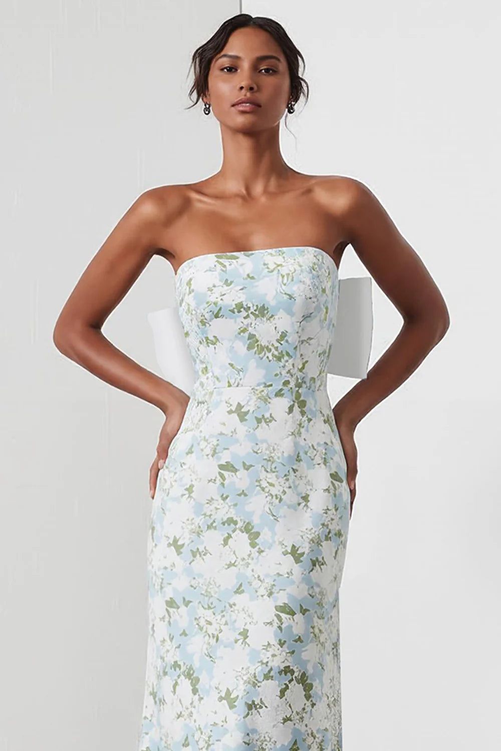 Sheath Strapless Blue White Flower Satin Long Bridesmaid Dress with Back Bow