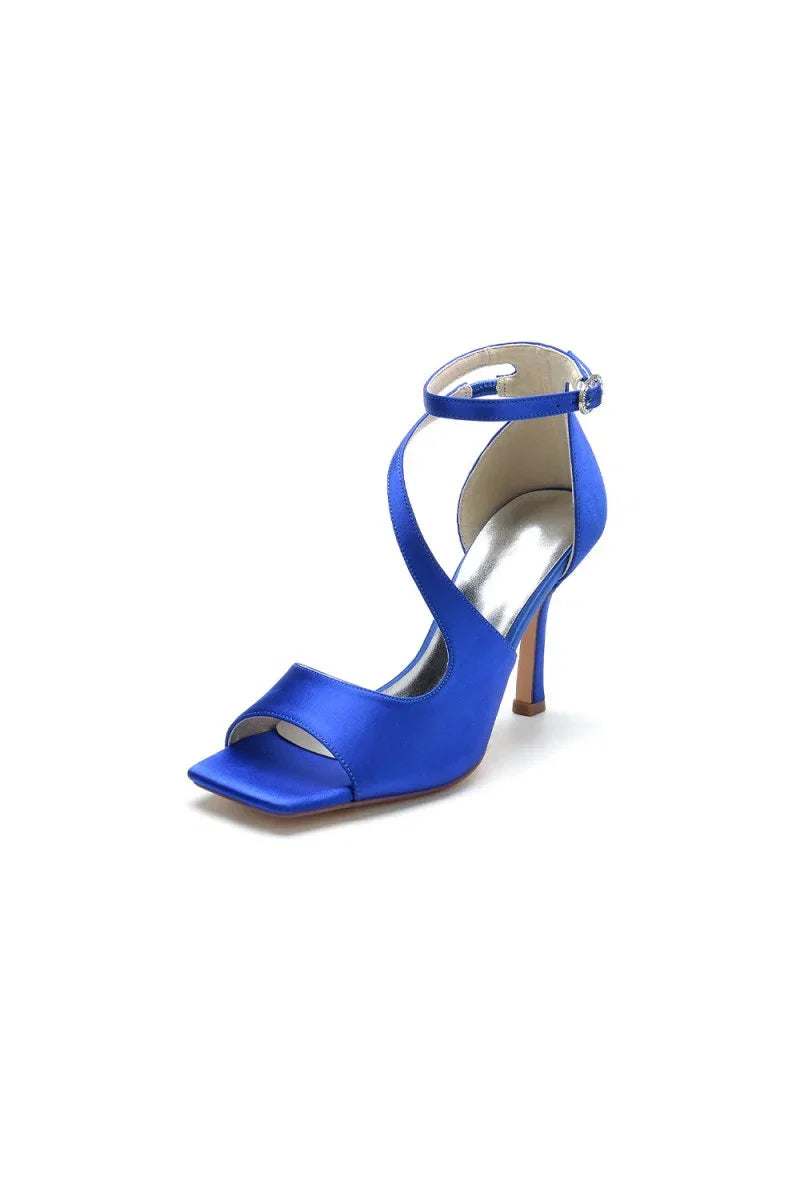 Simple Square Open Toe Ankle Strap Satin Prom Shoes