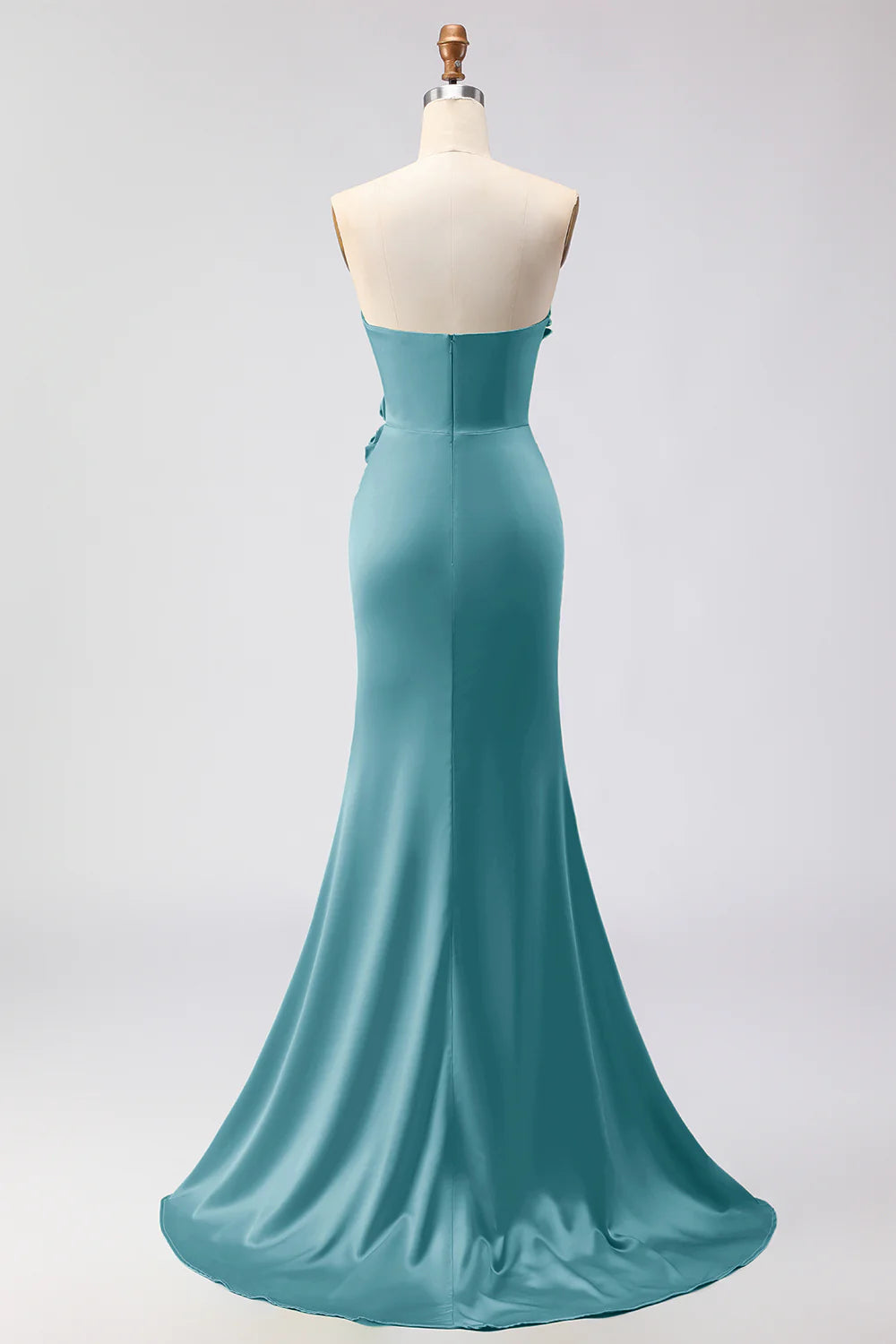 Green Strapless Mermaid 3D Flower Satin Long Prom Dress with Slit