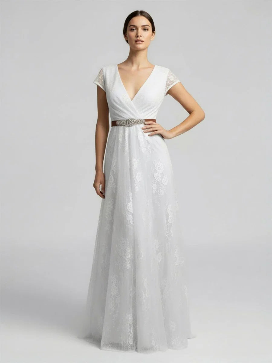 Short Sleeve V neck Pleated Long Lace Wedding Dress