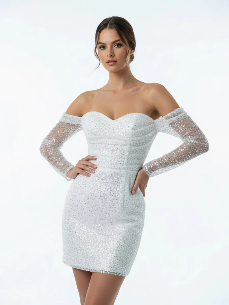 Chic Short Sequined Backless Wedding Dress With Long Detachable Sleeves