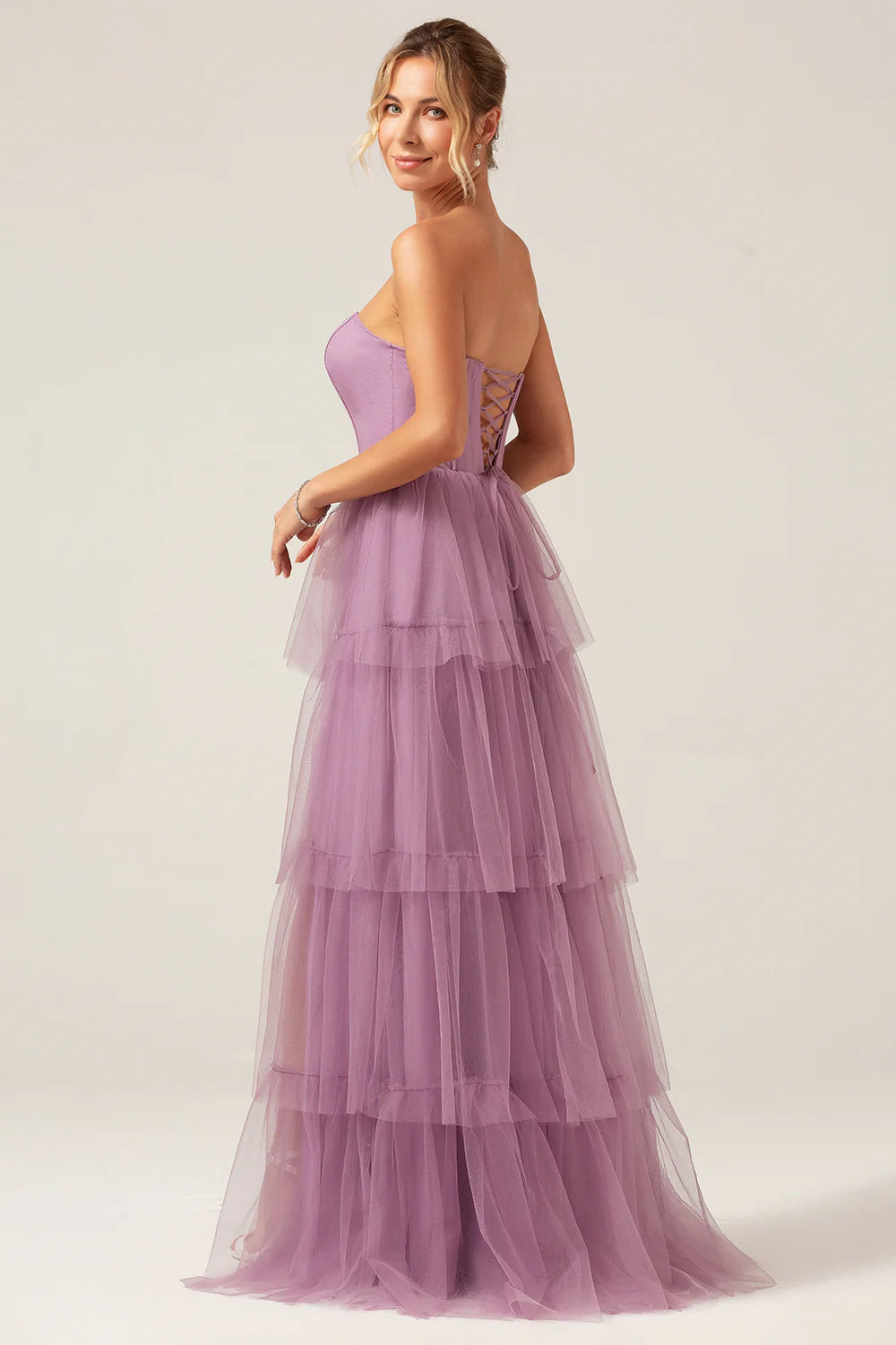 A Line Spaghetti Straps Tiered Floor Length Tulle Purple Bridesmaid Dress