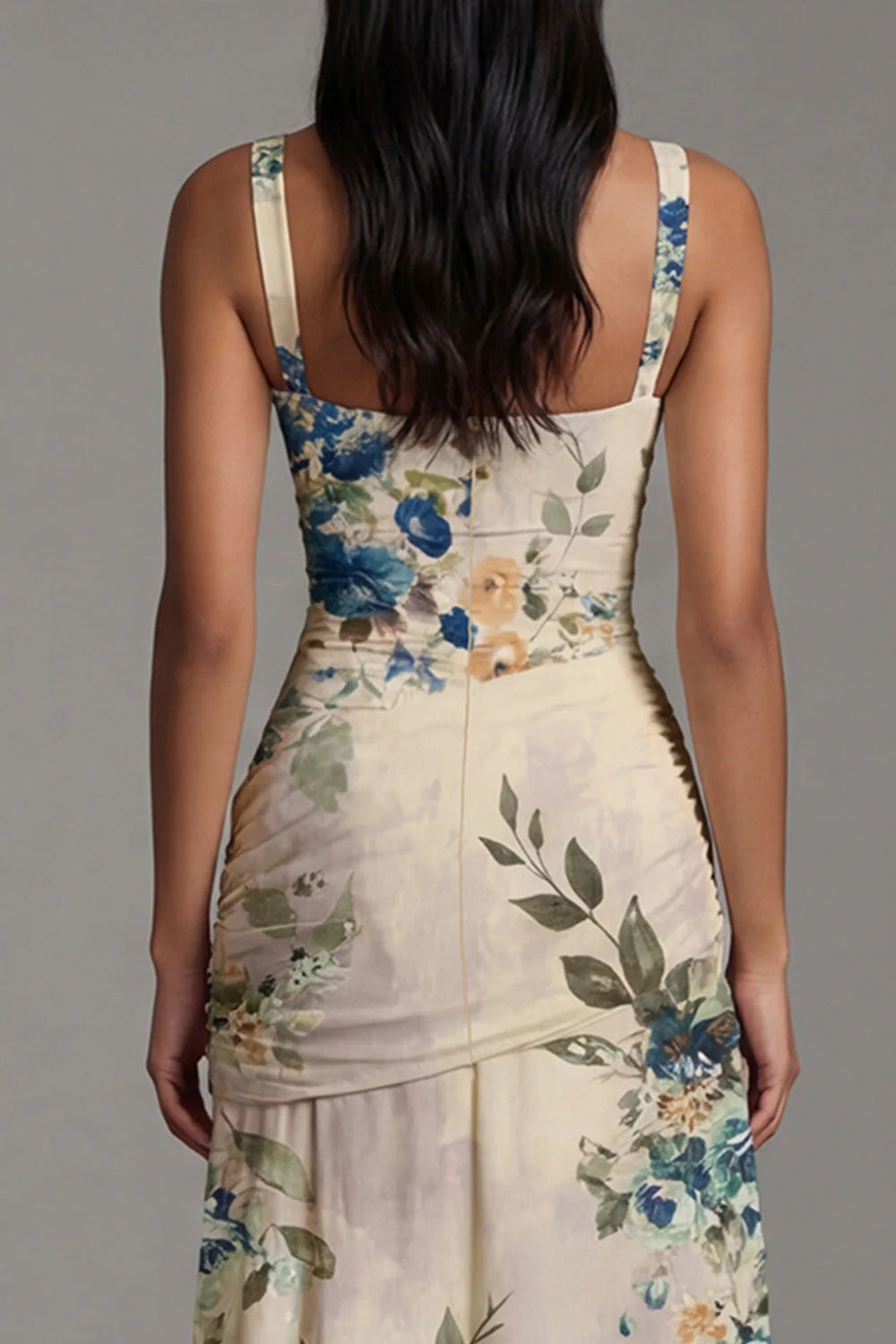 Ivory Ruched A Line Printed Long Formal Dress
