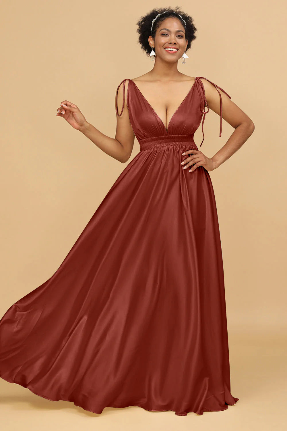 A Line Deep V Neck Backless Floor Length Bridesmaid Dress
