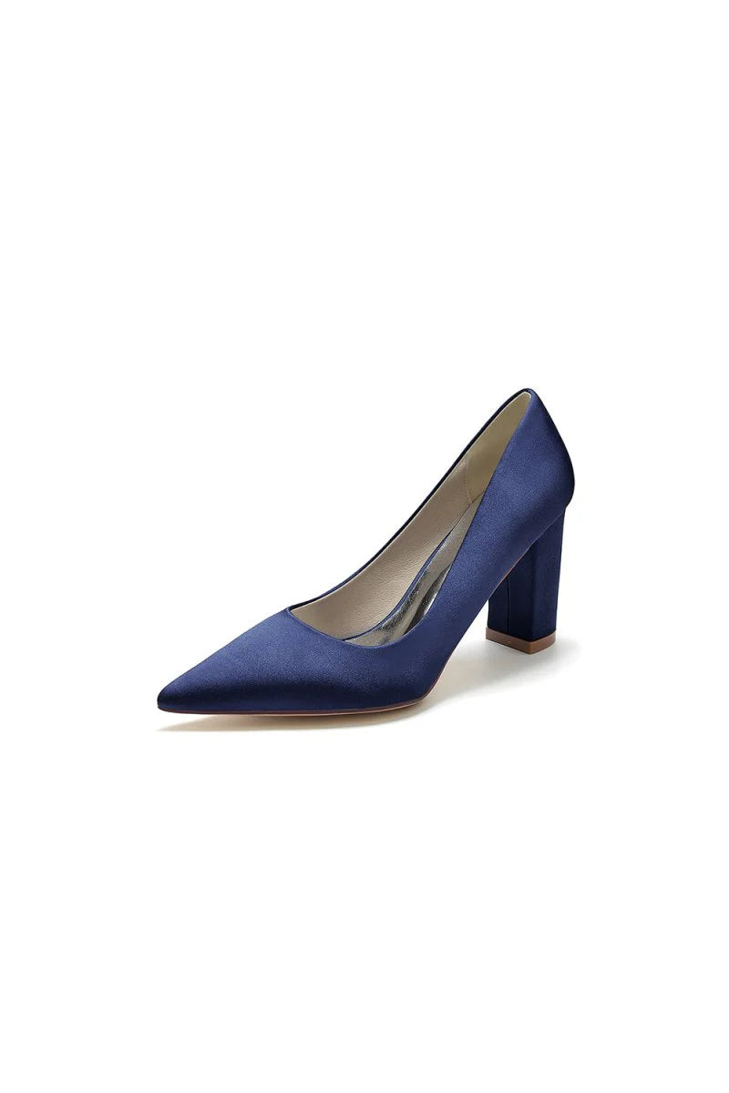 Pointed Toe Slip on Satin Chunky Heels