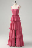 Rusty Rose A Line Tiered Lace Up Back Long Bridesmaid Dress with Slit