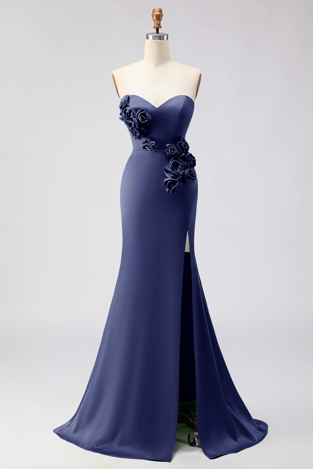 Green Strapless Mermaid 3D Flower Satin Long Prom Dress with Slit
