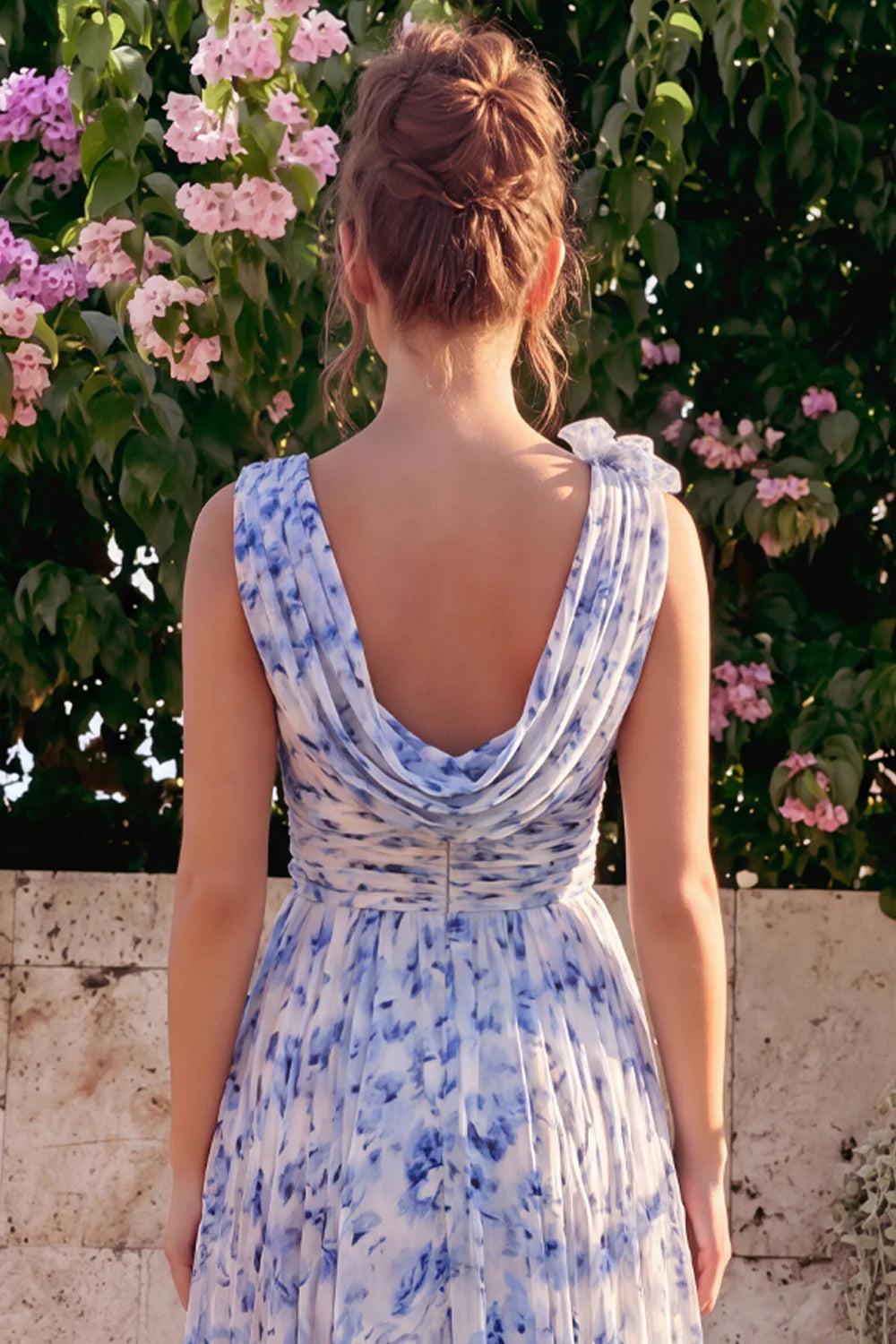 Blue Floral A Line Cowl Neck Wedding Guest Dress with 3D Flowers