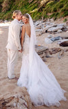 Beach Sexy Mermaid Lace Wedding Dress with Tull Court Train V neck Open Back