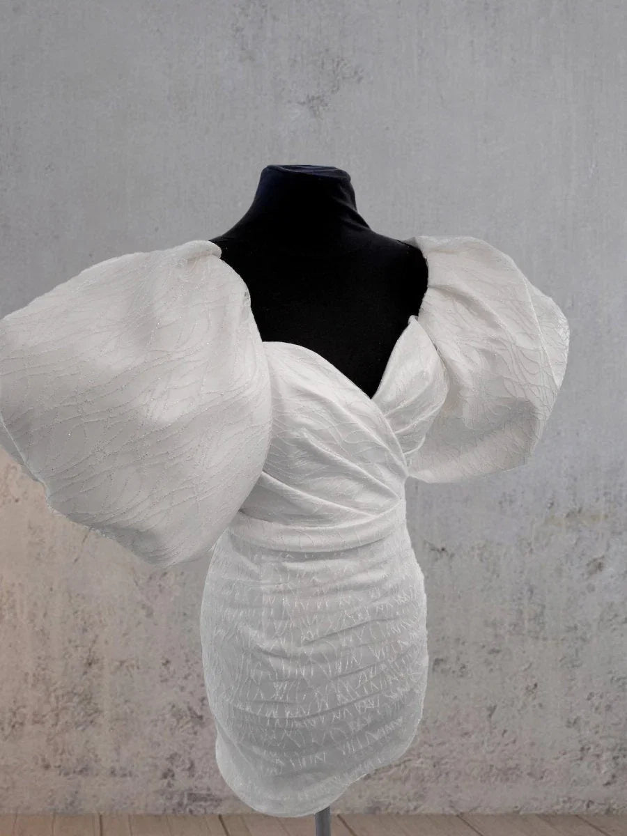 Sheath White Puff Sleeves Short V Neck Wedding Dress