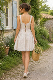 White Vintage Rose Printed Lace Cotton Mini Dress
