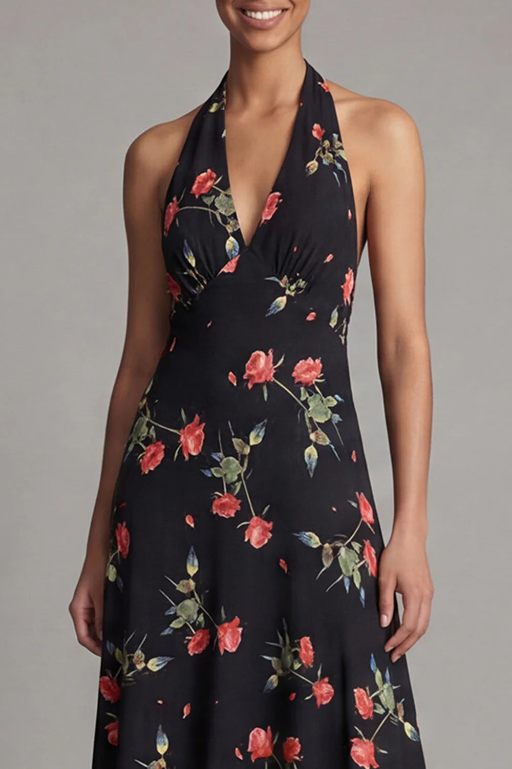 Halter Printed A Line Backless Black Wedding Guest Dress