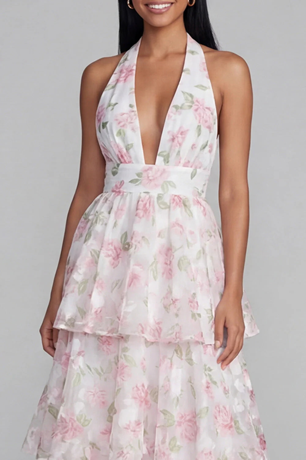 Blue Halter A Line Tiered Floral Wedding Guest Dress