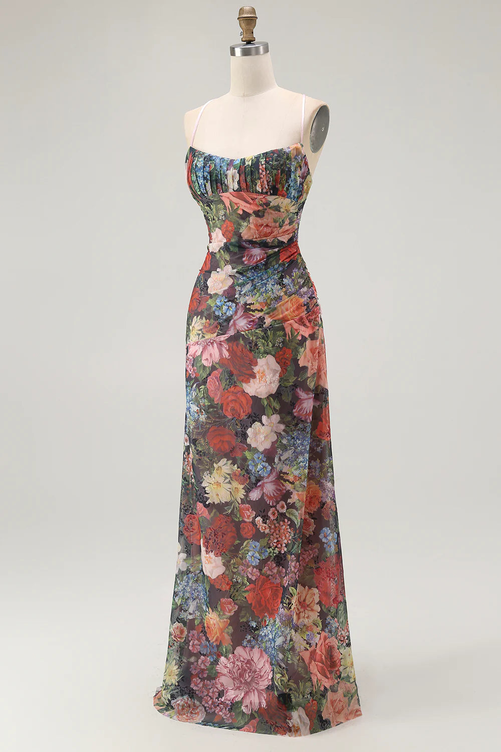 Black Flower Sheath Spaghetti Straps Print Maxi Dress with Lace Up Back