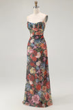 Black Flower Sheath Spaghetti Straps Print Maxi Dress with Lace Up Back
