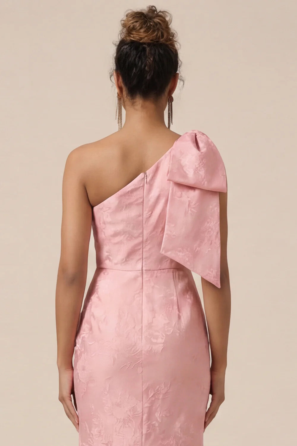 Blush Pink Mermaid One Shoulder Floral Long Bridesmaid Dress with Bow