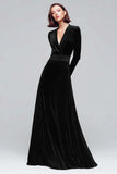 Black Velvet A Line V Neck Long Sleeves Maxi Holiday Party Dress