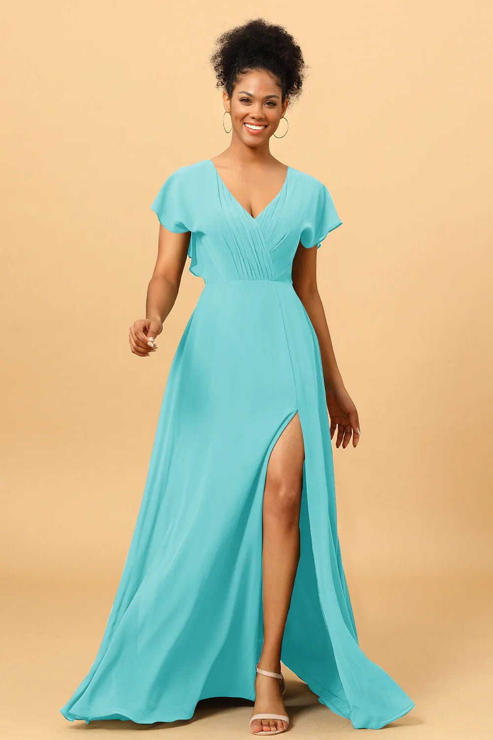 A Line V Neck Ruched Chiffon Bridesmaid Dress with Slit