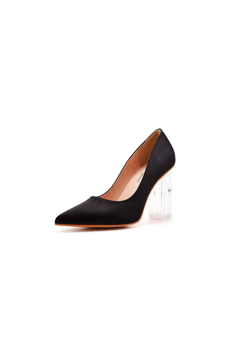 Simple Satin Slip on Pointed Toe Transparent Block Heels