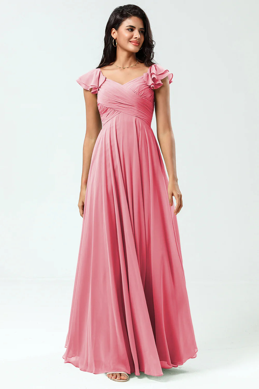 Lace Up Back Cross A Line Chiffon Bridesmaid Dress with Ruffles