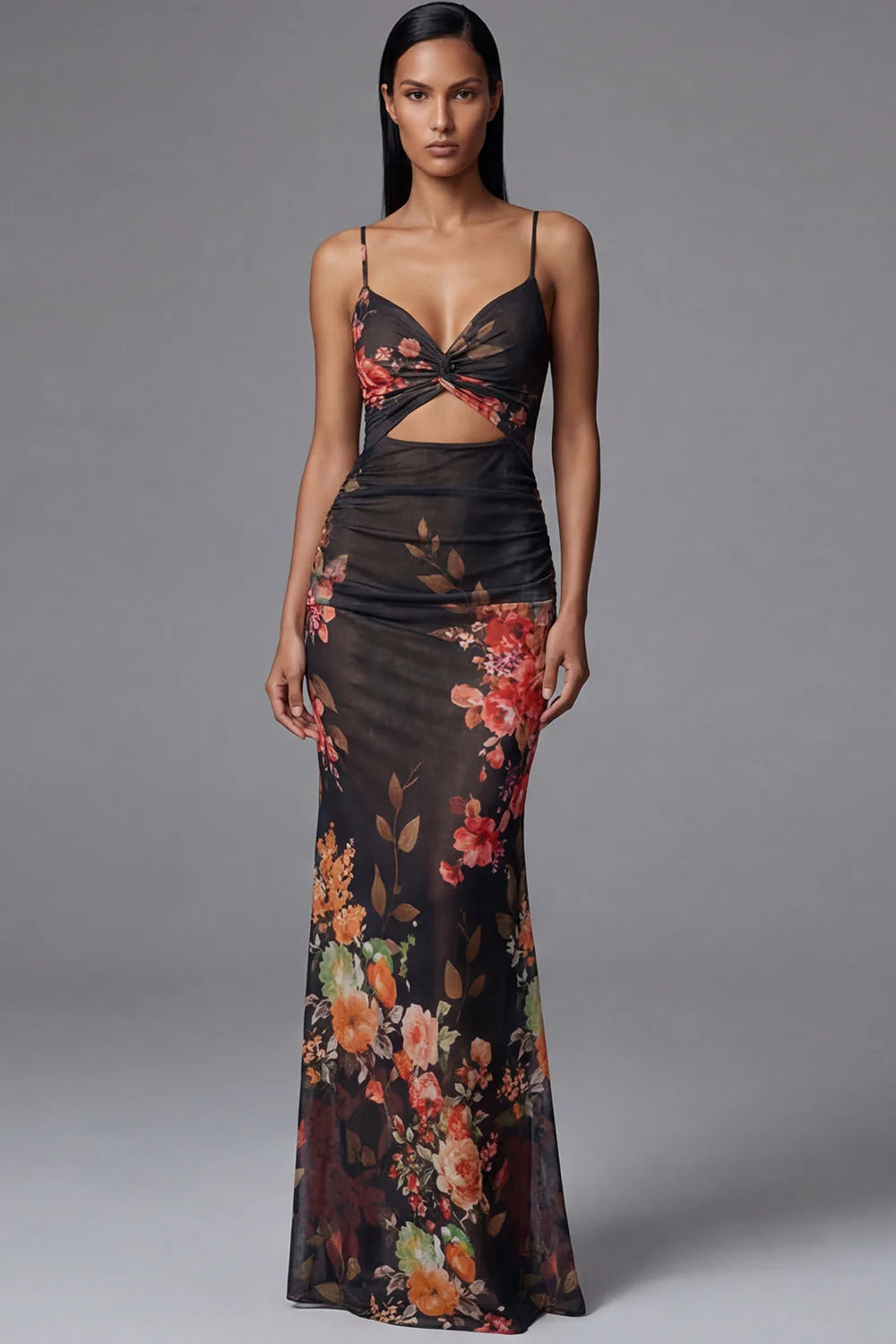 Mermaid Ruched Black Cut Out Floral Formal Dress with Lace up Back