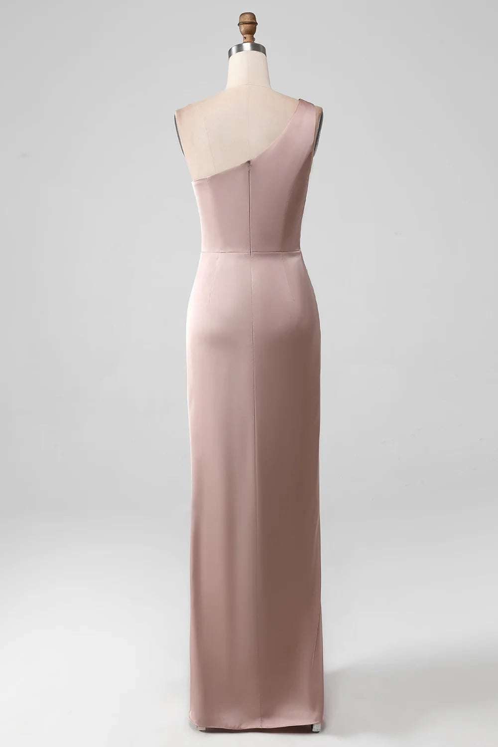 Dusty Rose Mermaid One Shoulder Pleated Satin Bridesmaid Dress With Slit