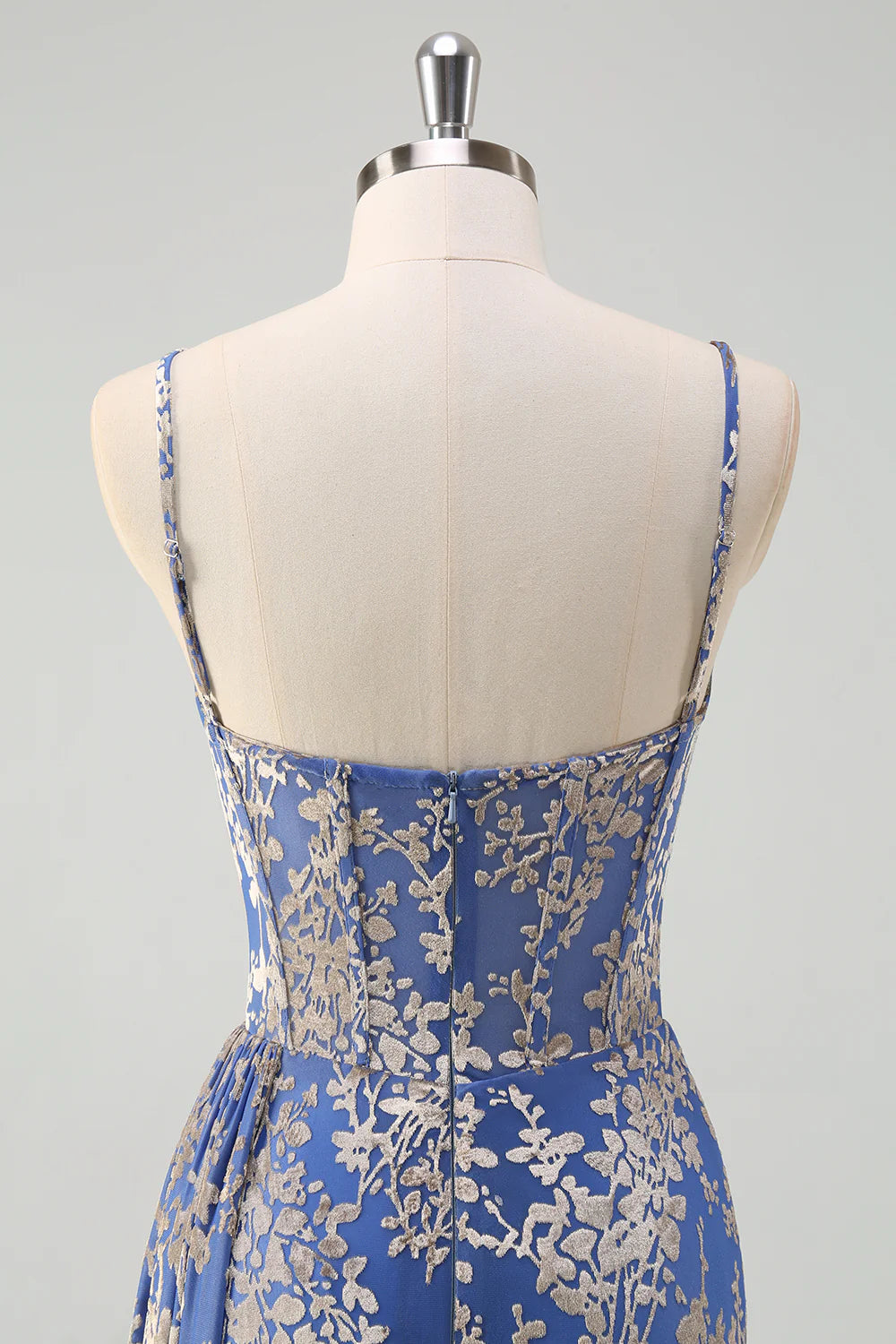 Mermaid Corset Burnout Velvet Blue Bridesmaid Dress with Watteau Train
