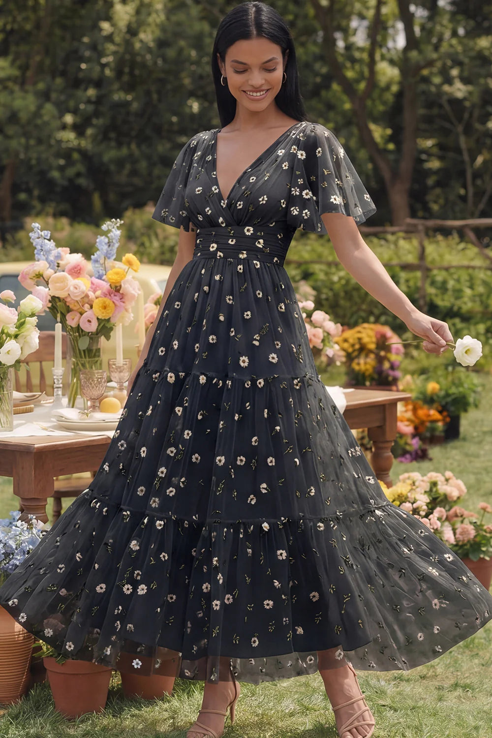 Floral Champagne A Line Wedding Guest Dress with Short Sleeves
