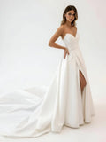 White Satin Long A Line Wedding Dress with Slit