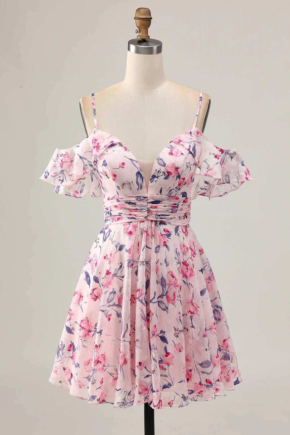 Cold Shoulder A Line Pink Floral Short Homecoming Dress