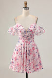 Cold Shoulder A Line Pink Floral Short Homecoming Dress