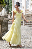 Simple A Line Pleated Chiffon Lemon Yellow Wedding Party Guest Dress with Ruffles