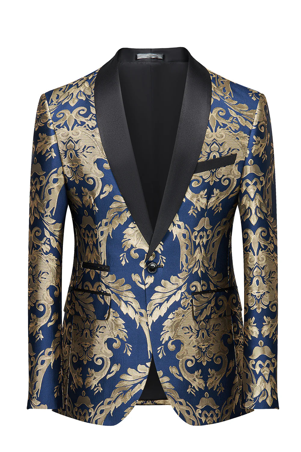 Mens Royal Blue Shawl Lapel One Button Jacquard Prom Blazer