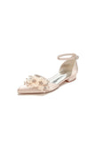 Ankle Strap Pointed Toe Low Heels with Rhinestone Flower