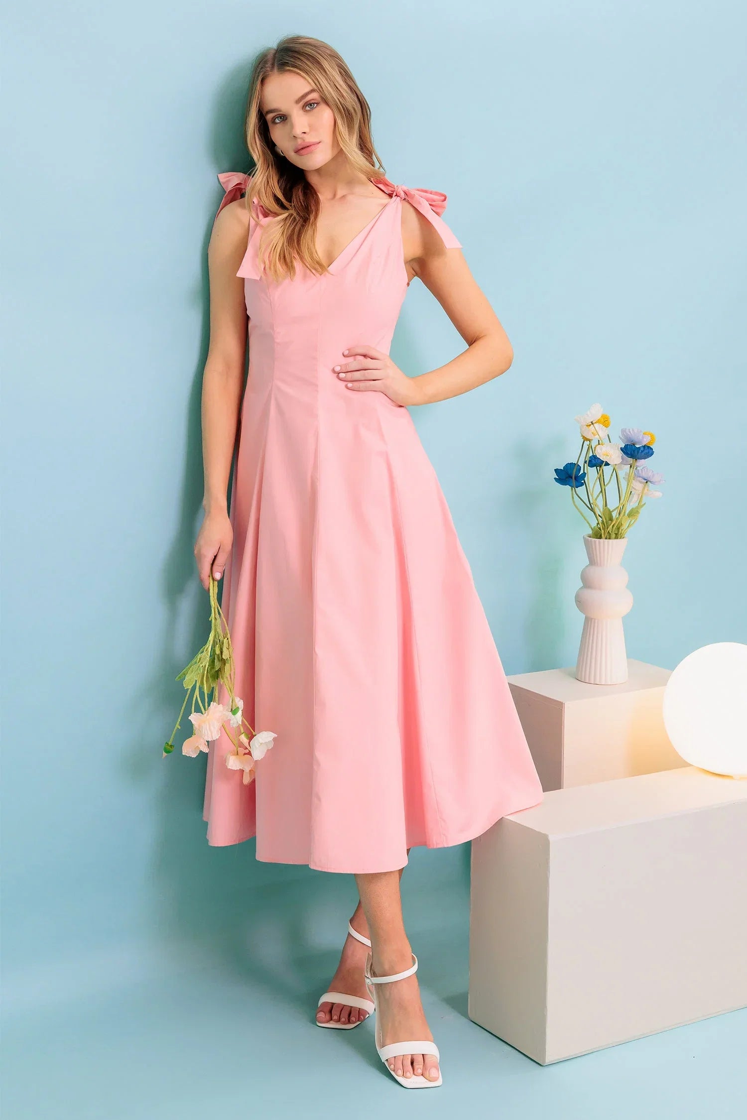 SWEET NOTHINGS SHOULDER BOW MIDI DRESS PEACH