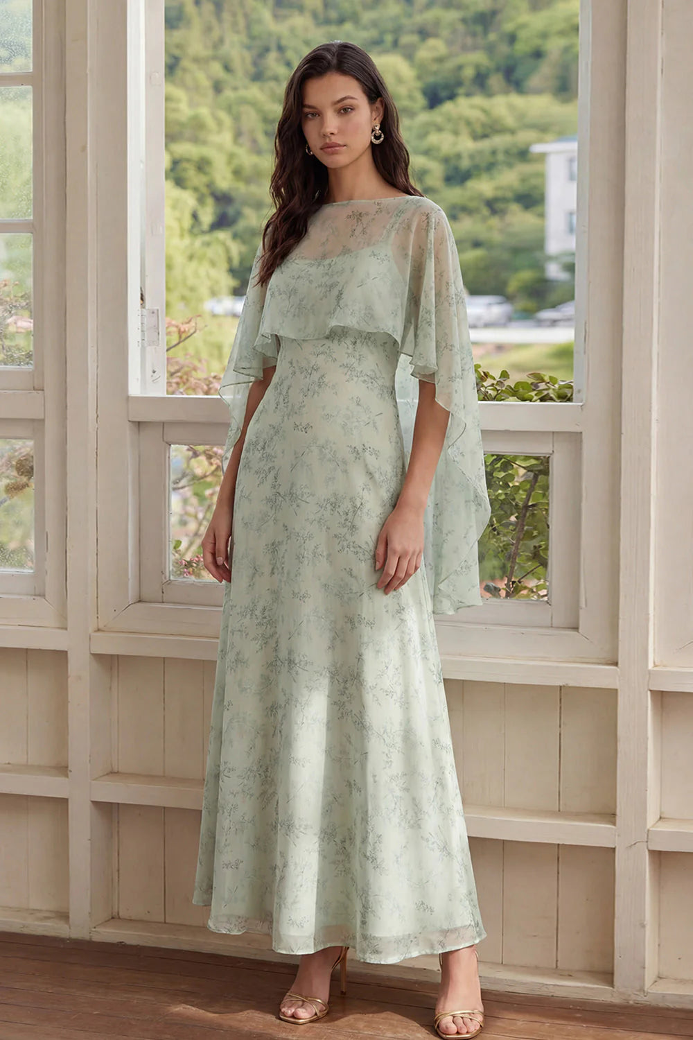 Dusty Sage Floral 2 Piece Chiffon A Line Wedding Guest Dress with Cape